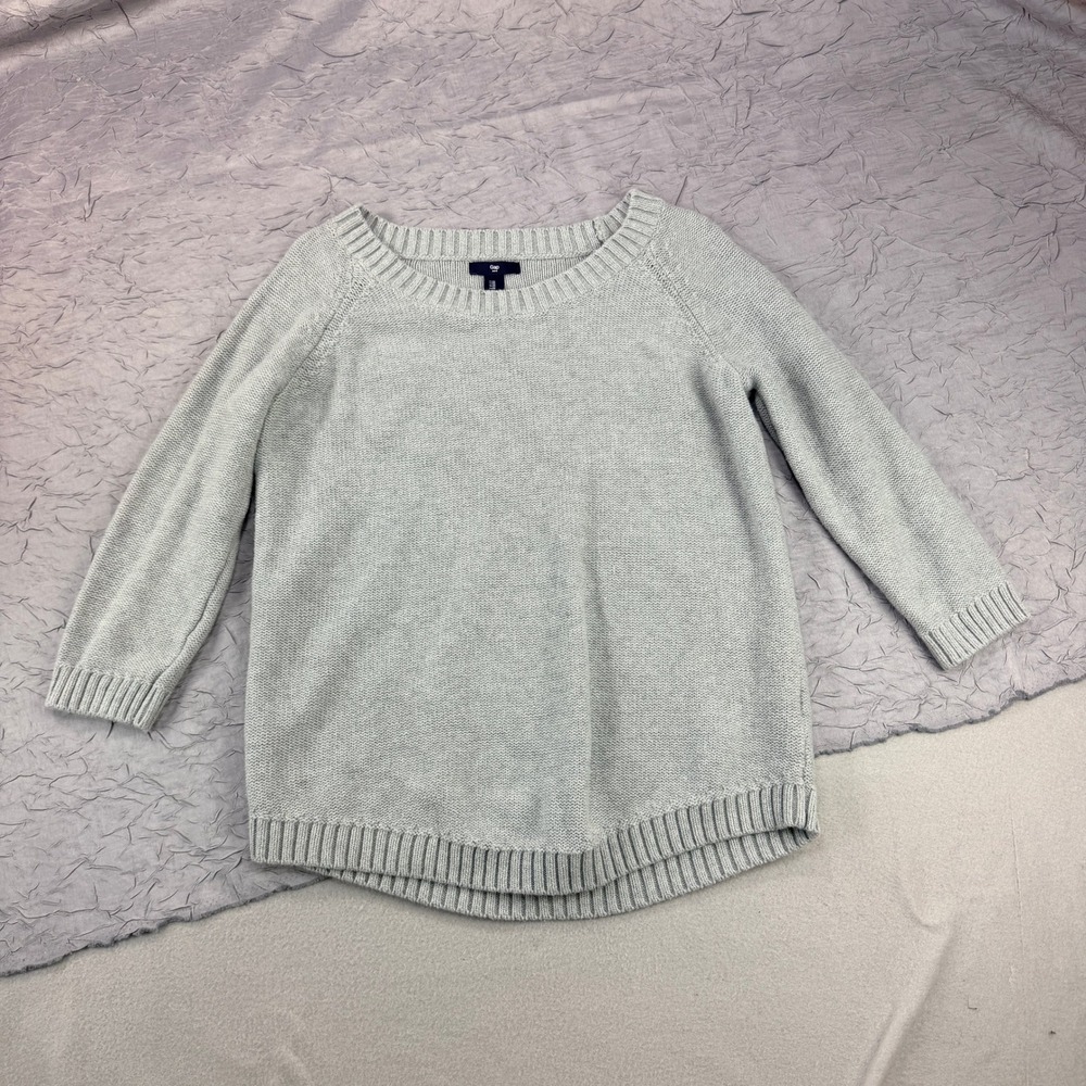 Gap Womens Light Blue Gray Seed Stitch Scoop Neck 3/4 Raglan Sleeve Sweater M